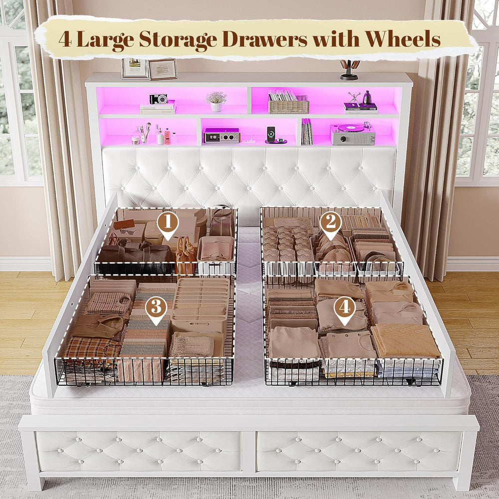 EnHomee Queen Bed Frame with Headboard & 4 Storage Drawers