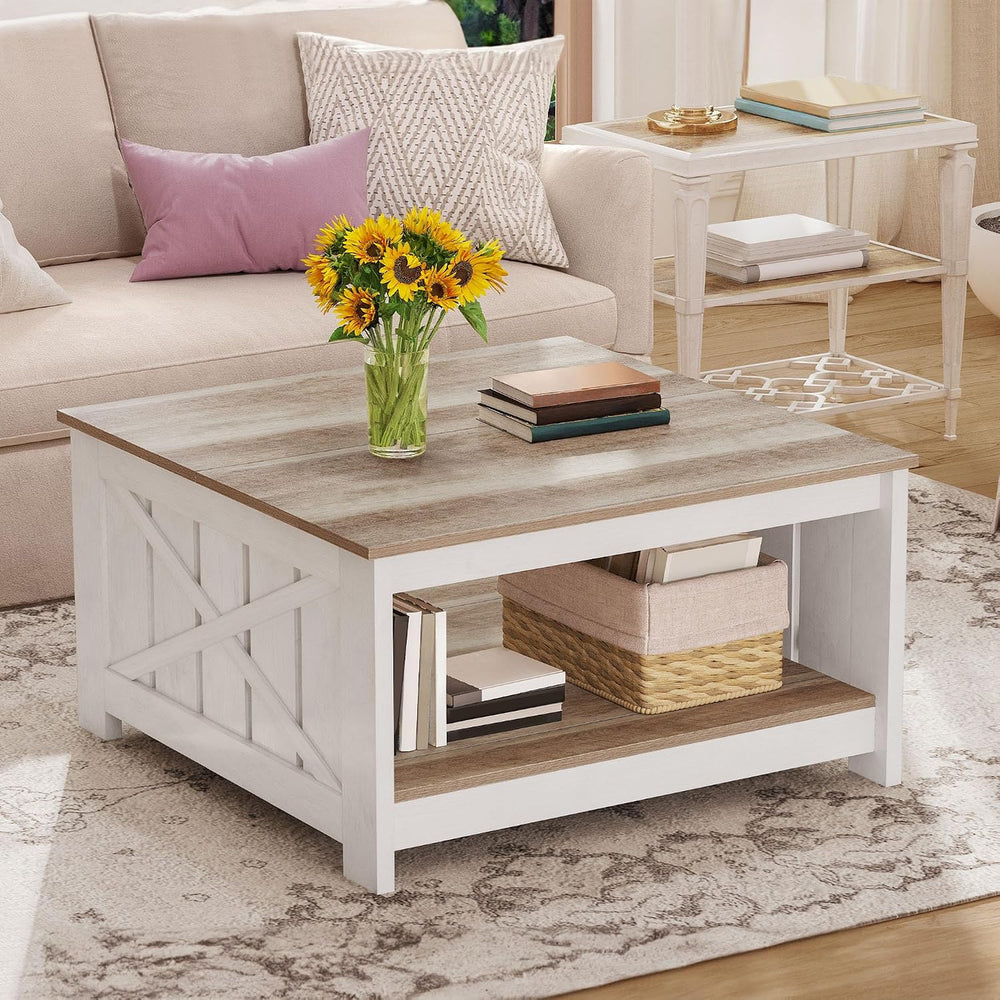 DWVO Square Farmhouse Coffee Table with 2-Tier Storage, Grey Wash