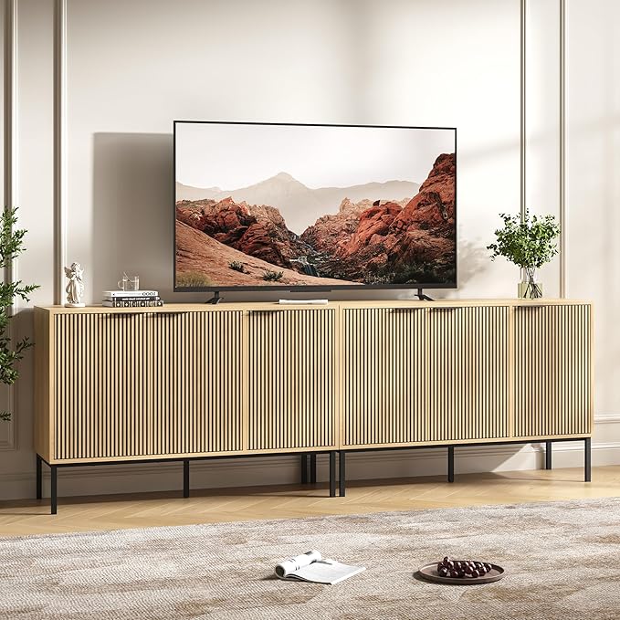 TV Stand for 100" TV, Mid Century Modern 94.4'' Television Stand, Entertainment Center with Storage and Adjustable Shelves, Media Console TV Cabinet for Living Room