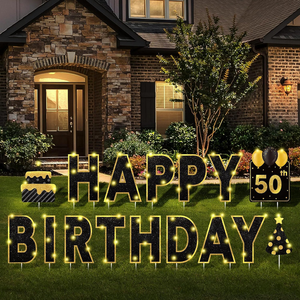 Yerliker 16 Pcs Black Happy Birthday Yard Signs with Stakes, 32.8 ft LED Ligh...