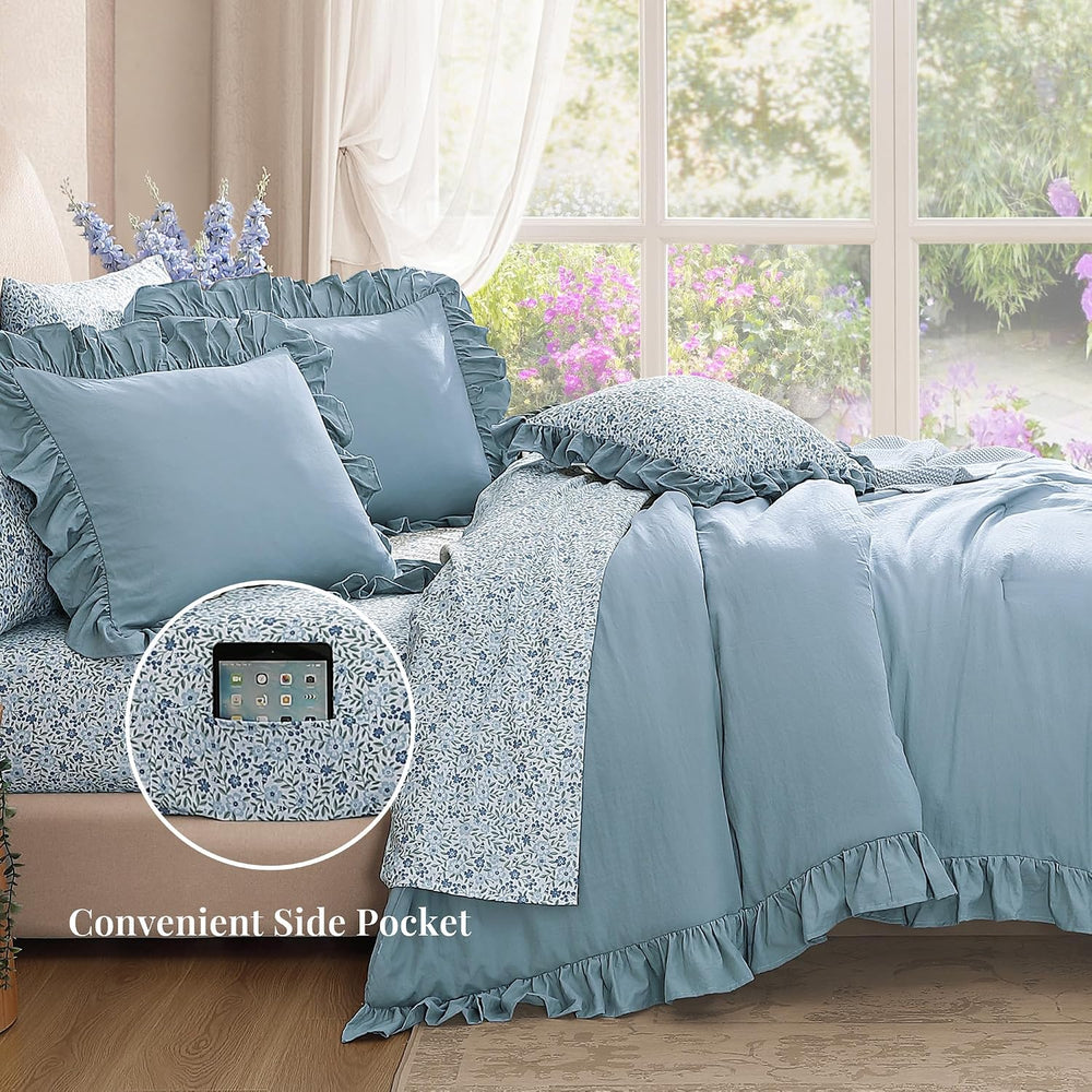 BLOOMHAVEN Queen Comforter Set-7 Pieces Ruffle Bedding with Floral Sheet