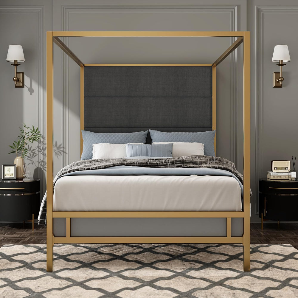Merax King Canopy Bed Frame with Tall Linen Headboard, Metal 4 Poster Bed