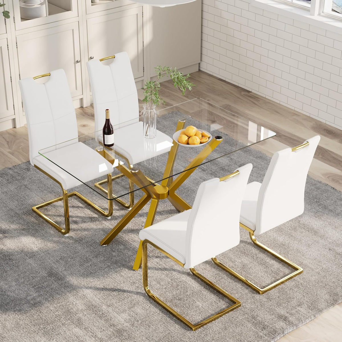 5-Piece 47" Dining Table with 4 PU Leather Chairs, Modern Dining Table Set for 4, Rectangle Kitchen Table with Golden Metal Legs for Dining Room, Kitchen(White)