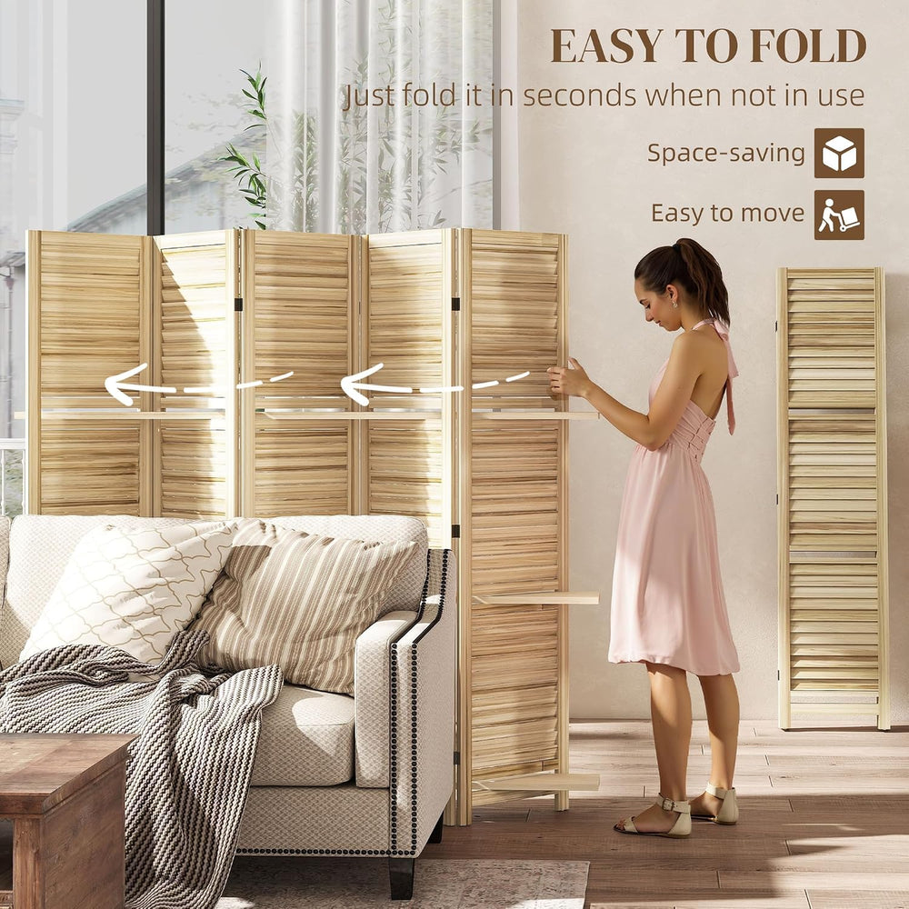 HOMCOM Room Divider with Shelves, 5 Panel, 67" Tall, Natural Wood