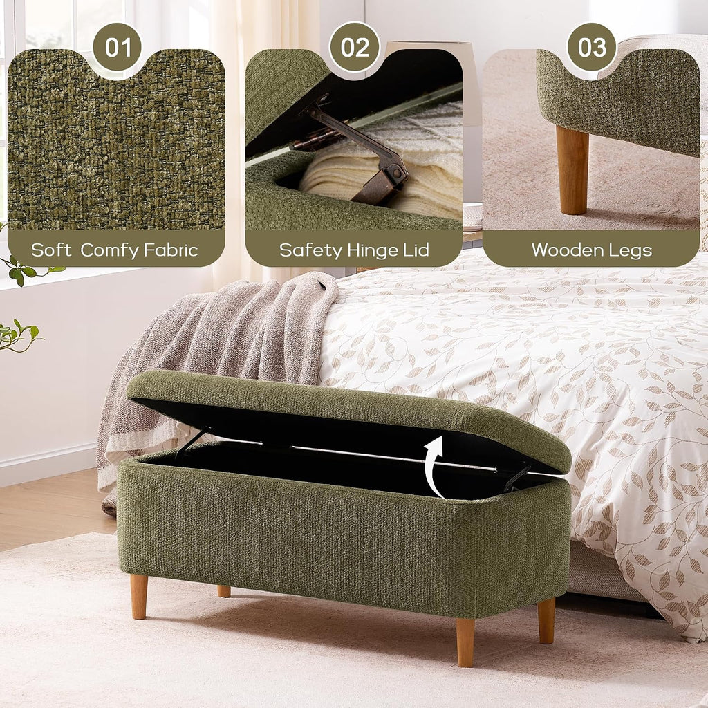 39.4”Ottoman with Storage Set of 2,Upholstered Comfy Storage Bench Ottoman with Wooden Legs,End of Bed Bench Footstool for Hallway Entryway Bedroom Living Room Corner Green