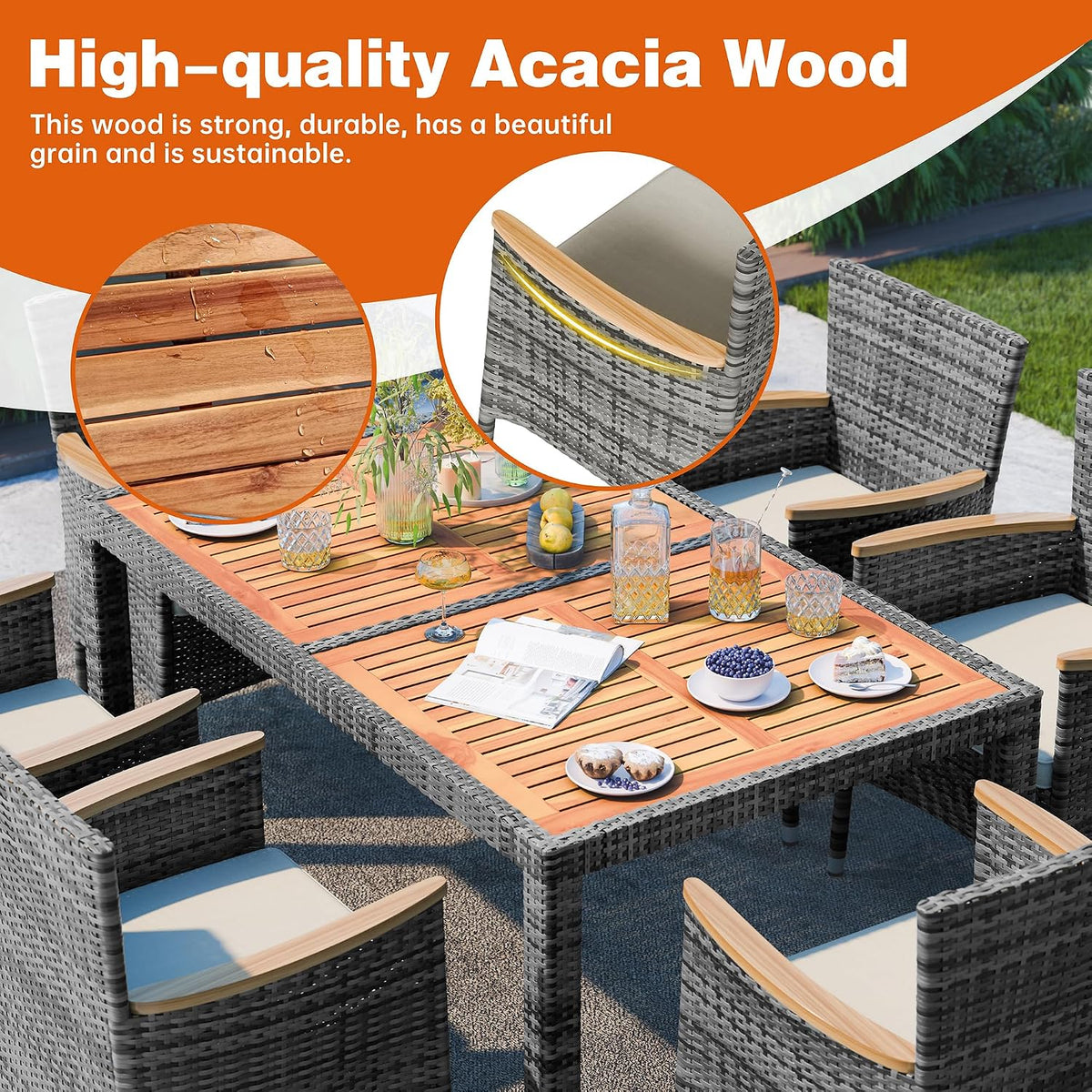 shintenchi 7 pcs wicker patio dining set, grey showing dimensions