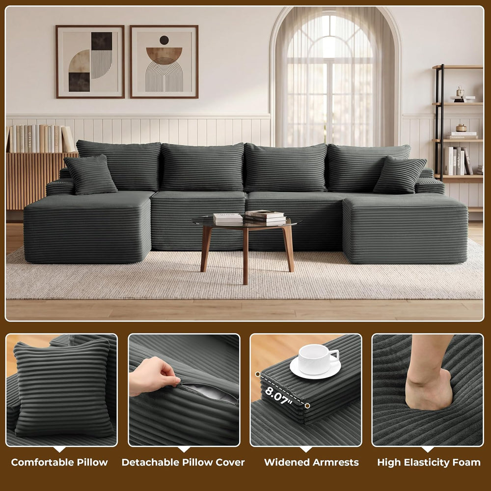 Mangodan 118'' Boneless Couch, U Shaped Couches for Living Room, Gray