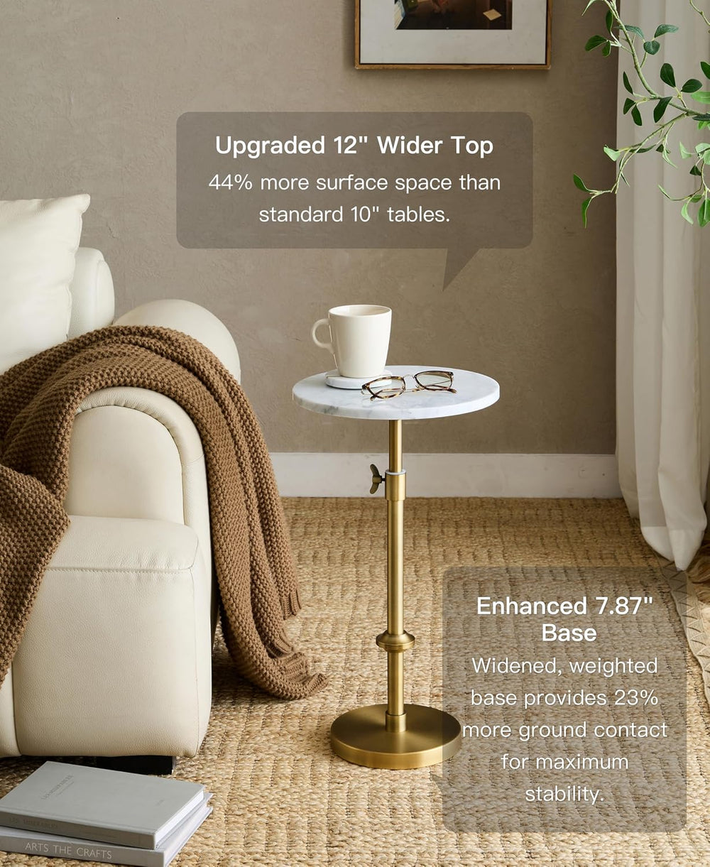 Adjustable 12" White Marble Drink Table with 2 Coasters, Antique Brass⁠