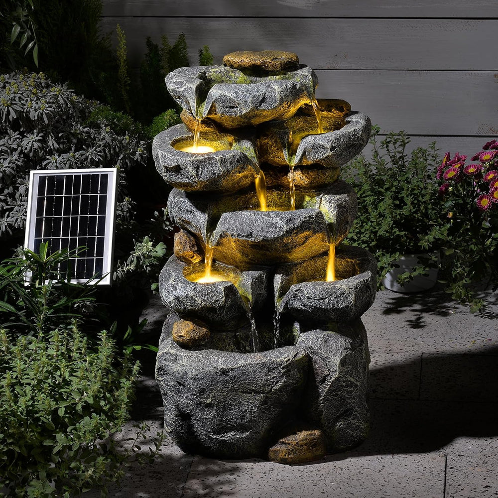 24" Tall Solar Powered Water Fountain Cascading Rock Waterfall