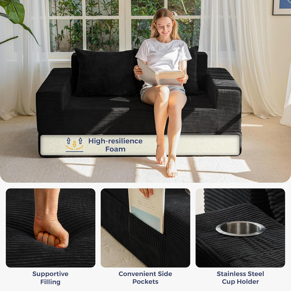 MAXYOYO Sofa Bed, 64-Inch Boneless Loveseat with 2 Cup Holders