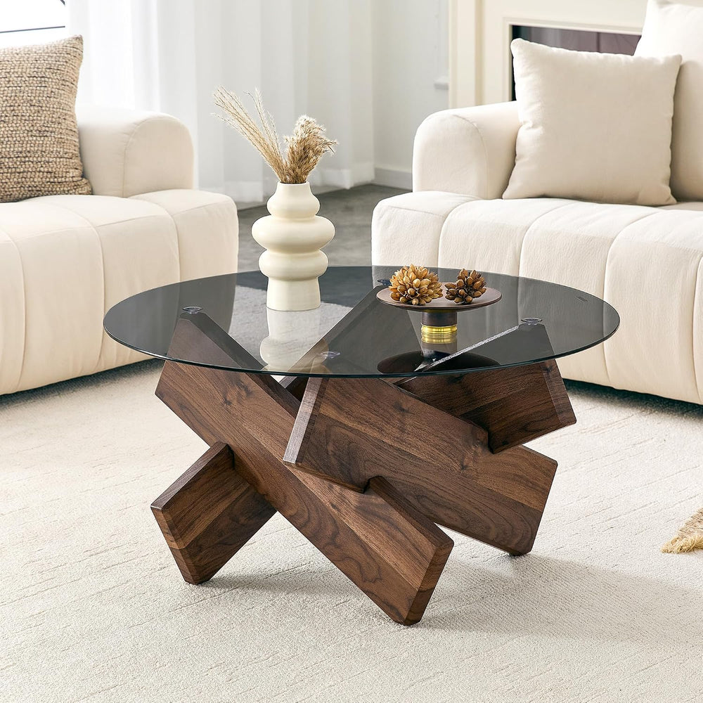 Round Gray Glass Coffee Table, 33.4-Inch Tempered Glass Top