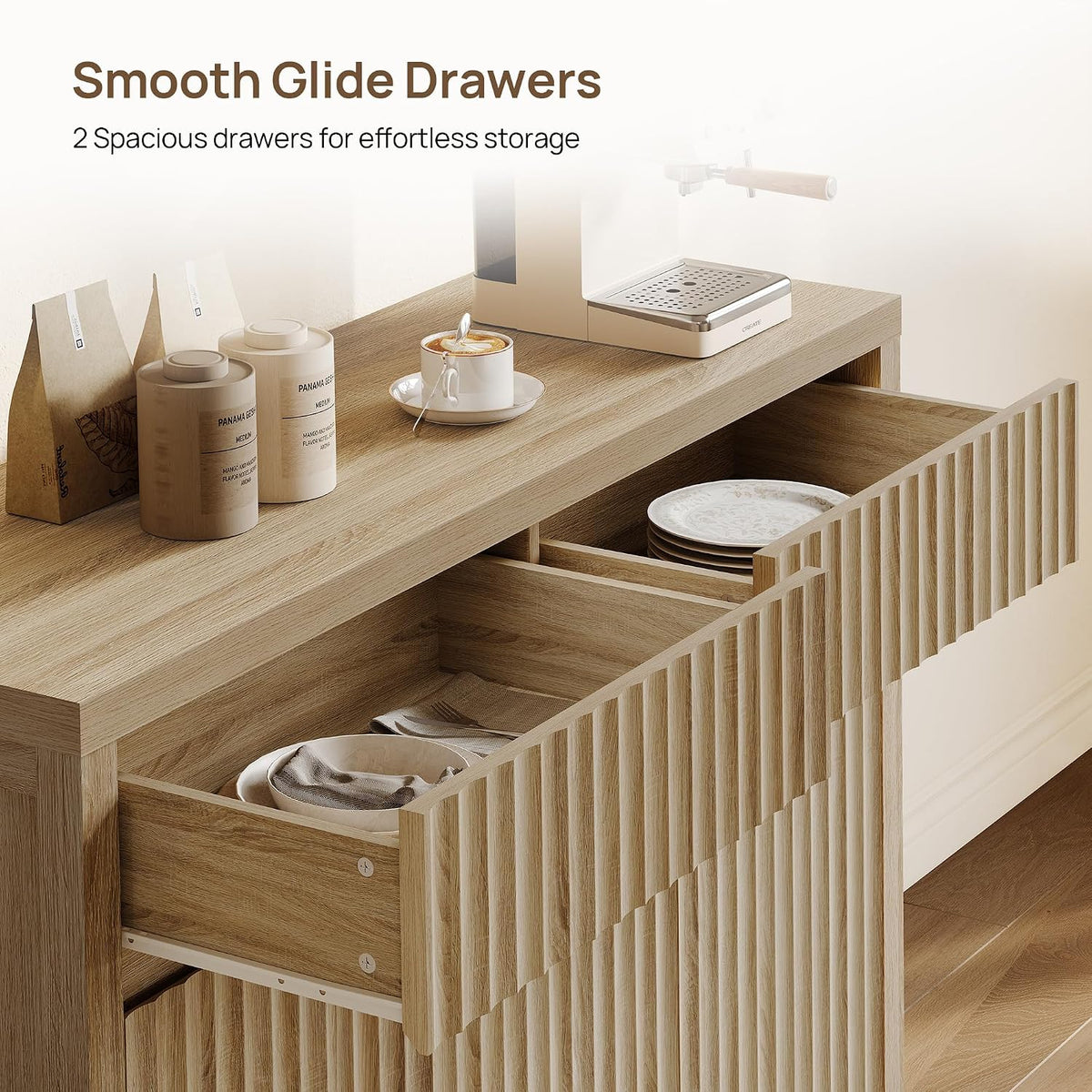 SICOTAS 42" Fluted Sideboard Buffet Cabinet with 2 Drawers & 3 Doors, 1 PCS