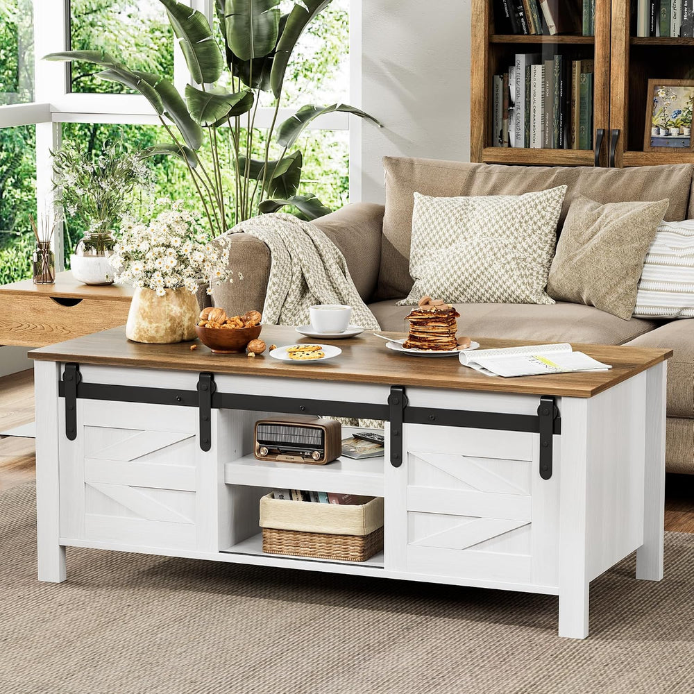 JUMMICO Farmhouse Coffee Table with Storage & Sliding Barn Doors, Modern ...