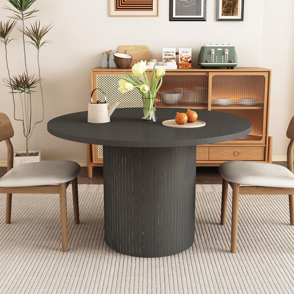 weselon Round Dining Table for 4, Modern Farmhouse Kitchen Table, 47 Inch Small Circle Dining Tables with Wood Strip Base for Kitchen Living Room (Black)