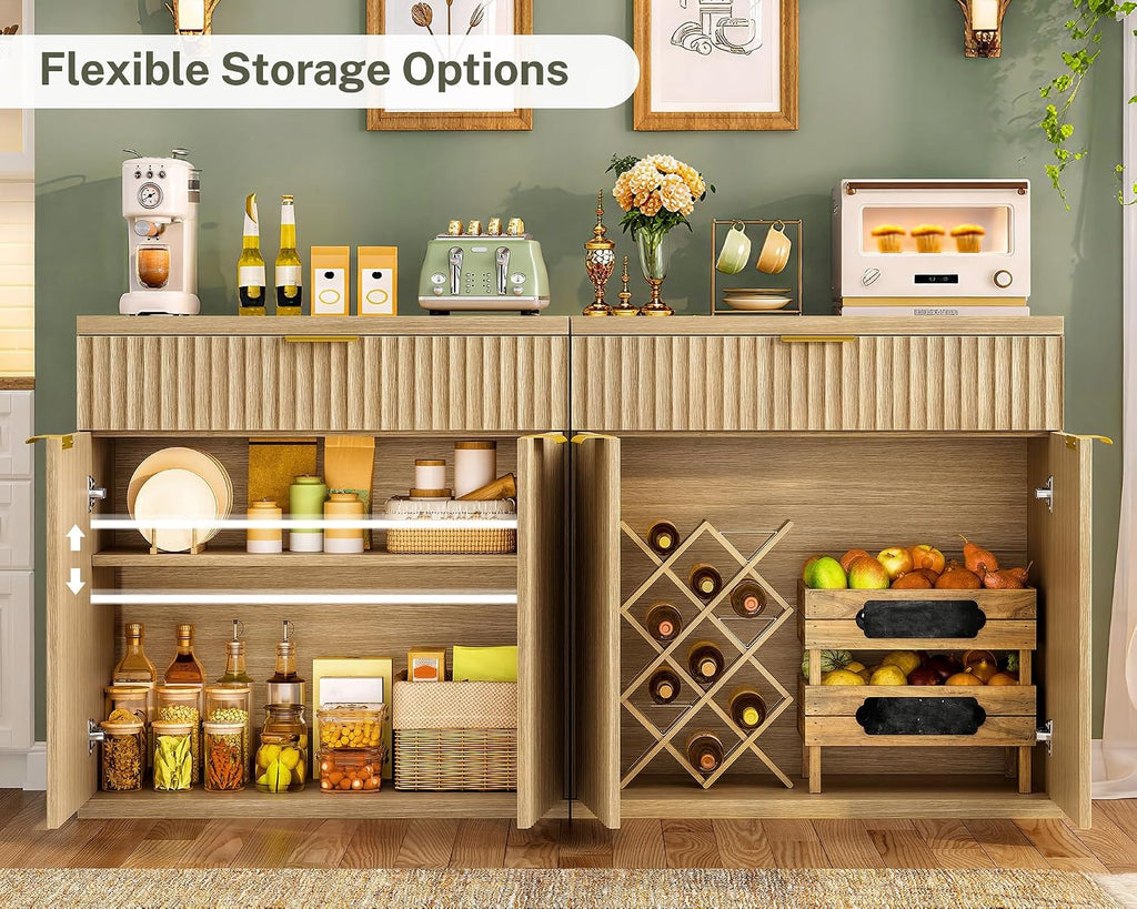 TEENFON 31.5" W Fluted Buffet Cabinet with Storage, Sideboard Cabinet, Coffee Bar Cabinet with 2 Doors and Adjustable Shelf for Living Room, Kitchen, Entryway, Natural