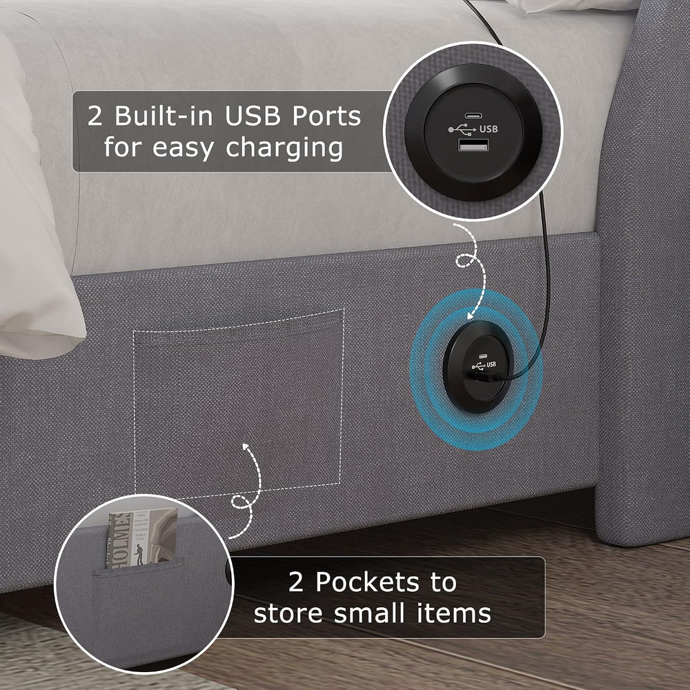 VECELO Full Size Bed Frame with Storage Drawers, Linen Grey
