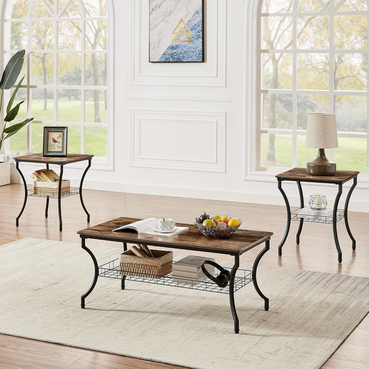 VECELO 3 Pieces Living Room Table Sets, Coffee and End Tables with Open Storage Shelves for Apartment, Home Office, Small Space, Easy Assembly, Brown