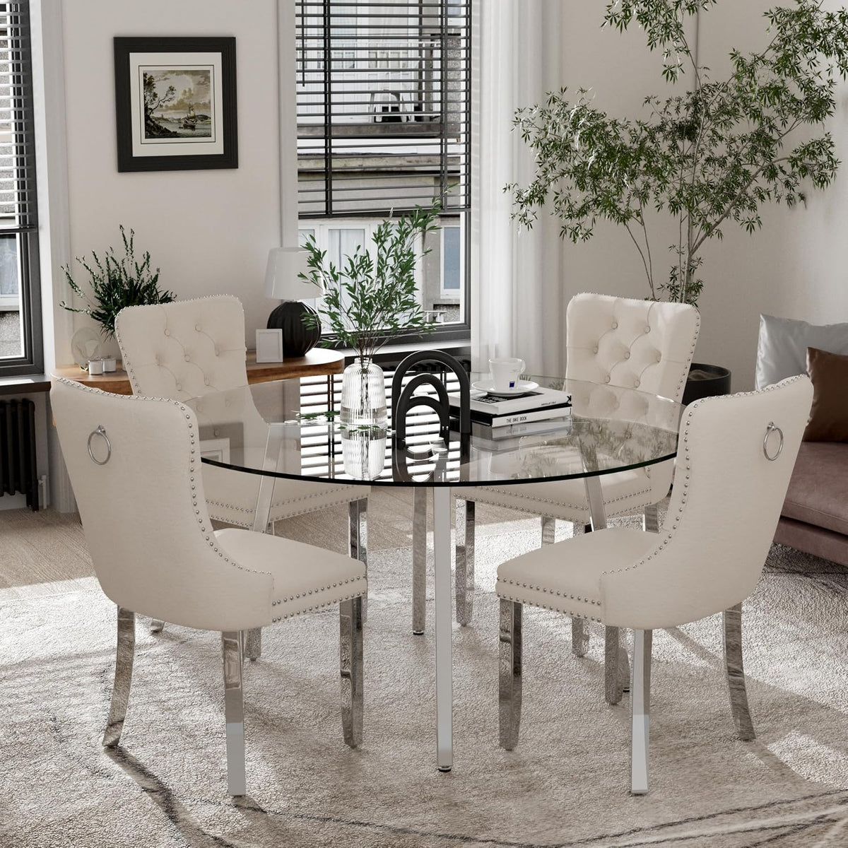 Mid Century Modern Glass Round Dining Table Set for 4, 5 Pieces Silver Luxury Circle Dinner Set, 47'' Clear Circular Top Minimalist Kitchen Set, Beige High-end Tufted Chair, for Large Place