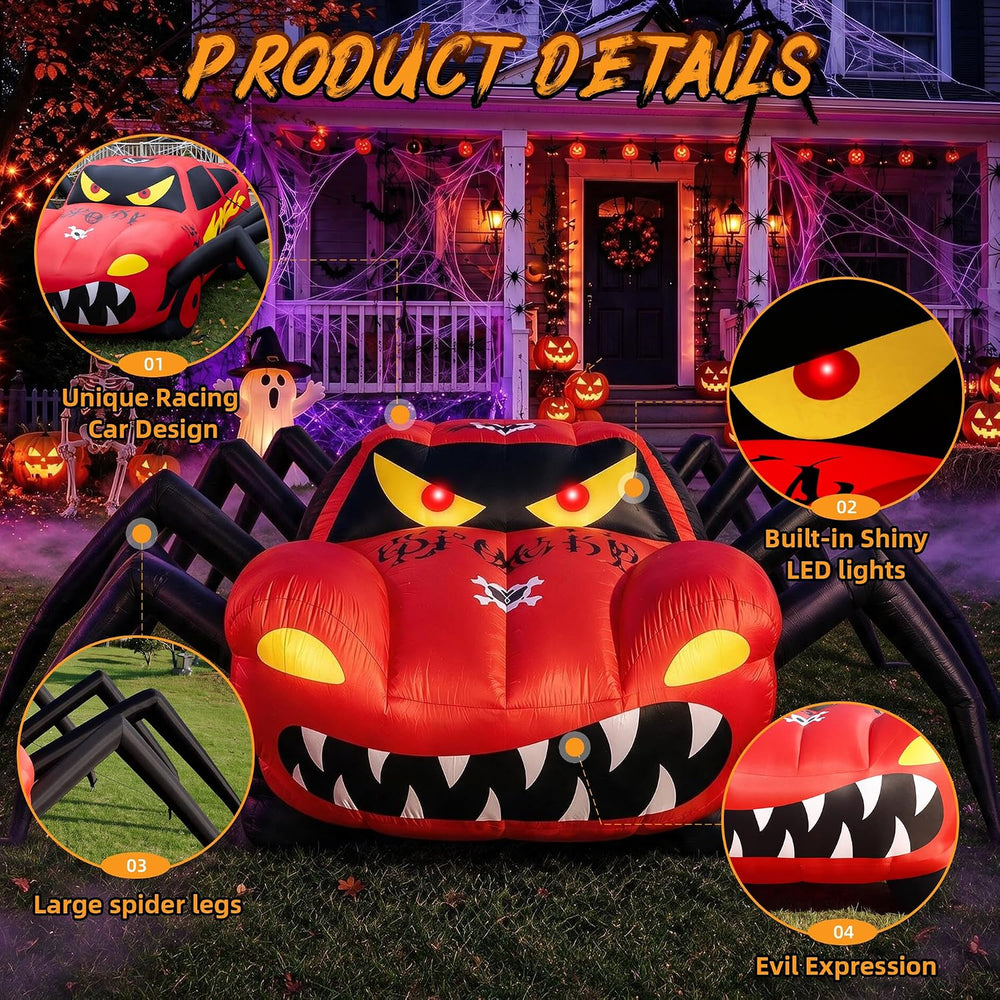 20FT Red Spider Car Halloween Inflatables Outdoor Decorations Built-in LEDs