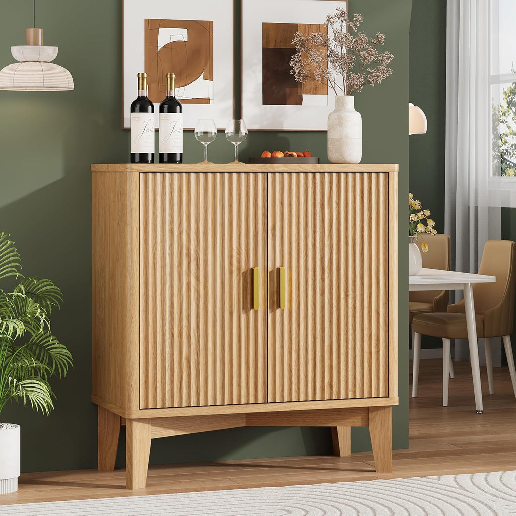 Xixini Fluted Sideboard Buffet Cabinet, 30" Wood Coffee Bar Cabinet, Oak