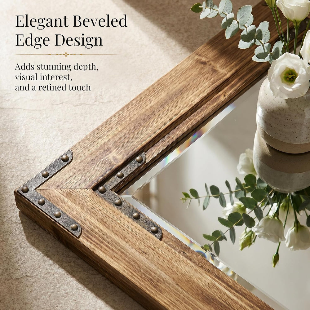 Rustic Brown 24x36 Inch Wood Bathroom Vanity Mirror, Rivets