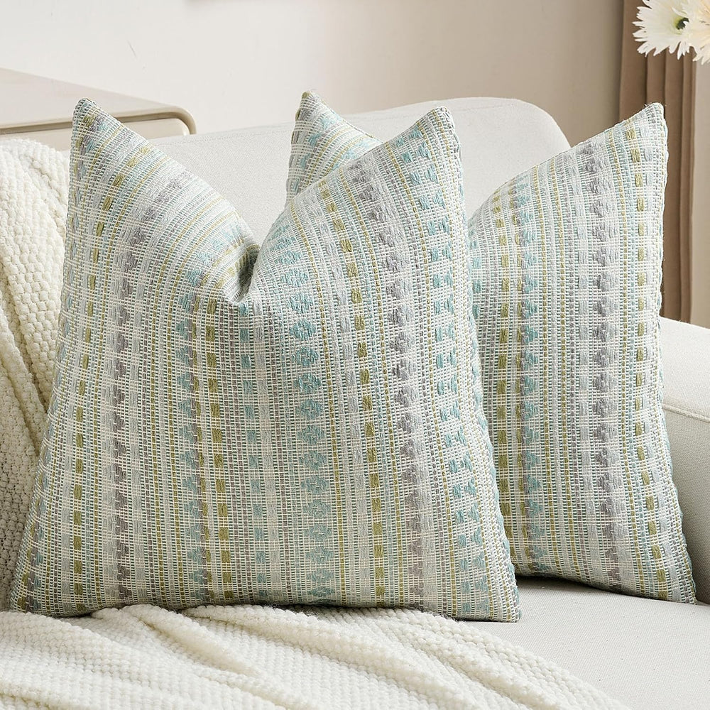 FUTEI Pack of 2 Boho Throw Pillow Covers 20x20 Inch, Green Blue White