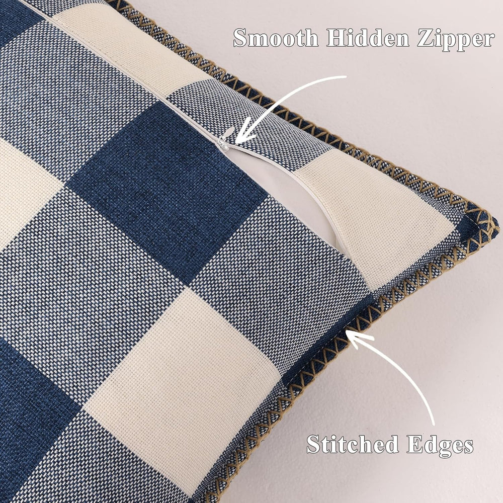 decorUhome Fall Plaid Linen Throw Pillow Covers 26x26 Set of 2 Navy Blue
