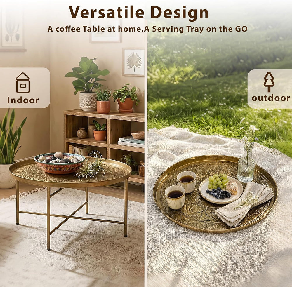 HOMCOM 24" Hammered Round Coffee Table Vintage Metal Side Table Gold