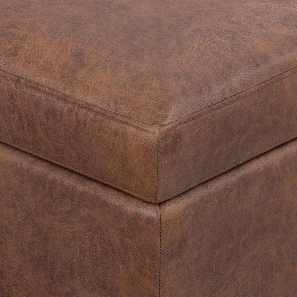 SIMPLIHOME Owen 48" Wide Vegan Leather Lift Top Ottoman in Saddle Brown