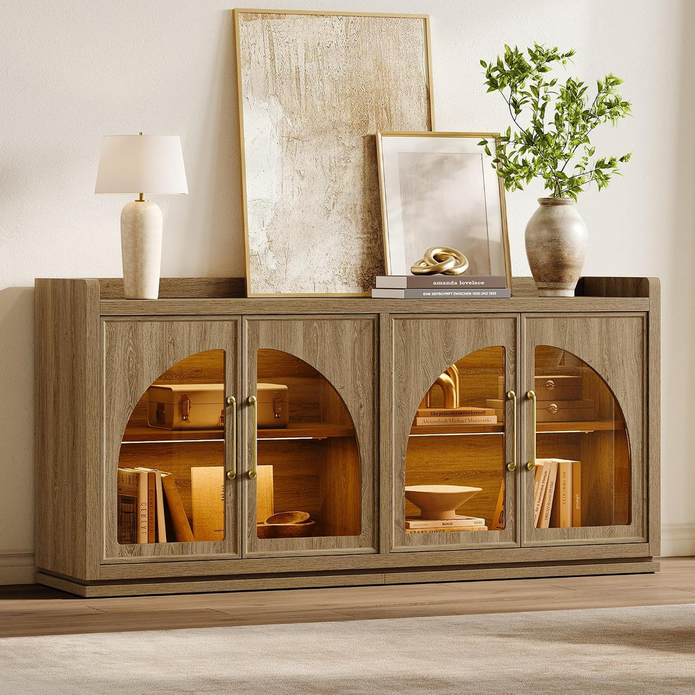 SICOTAS Sideboard Buffet Cabinet with Storage, LED Lights, Arch Glass Doors