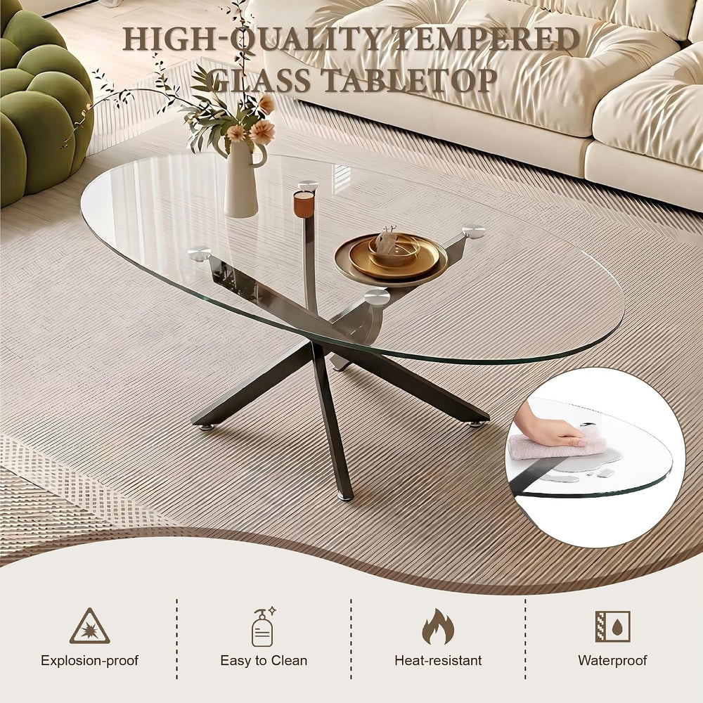 Henf Oval Glass Coffee Table, 39.4'' Transparent Top, Black Metal Legs