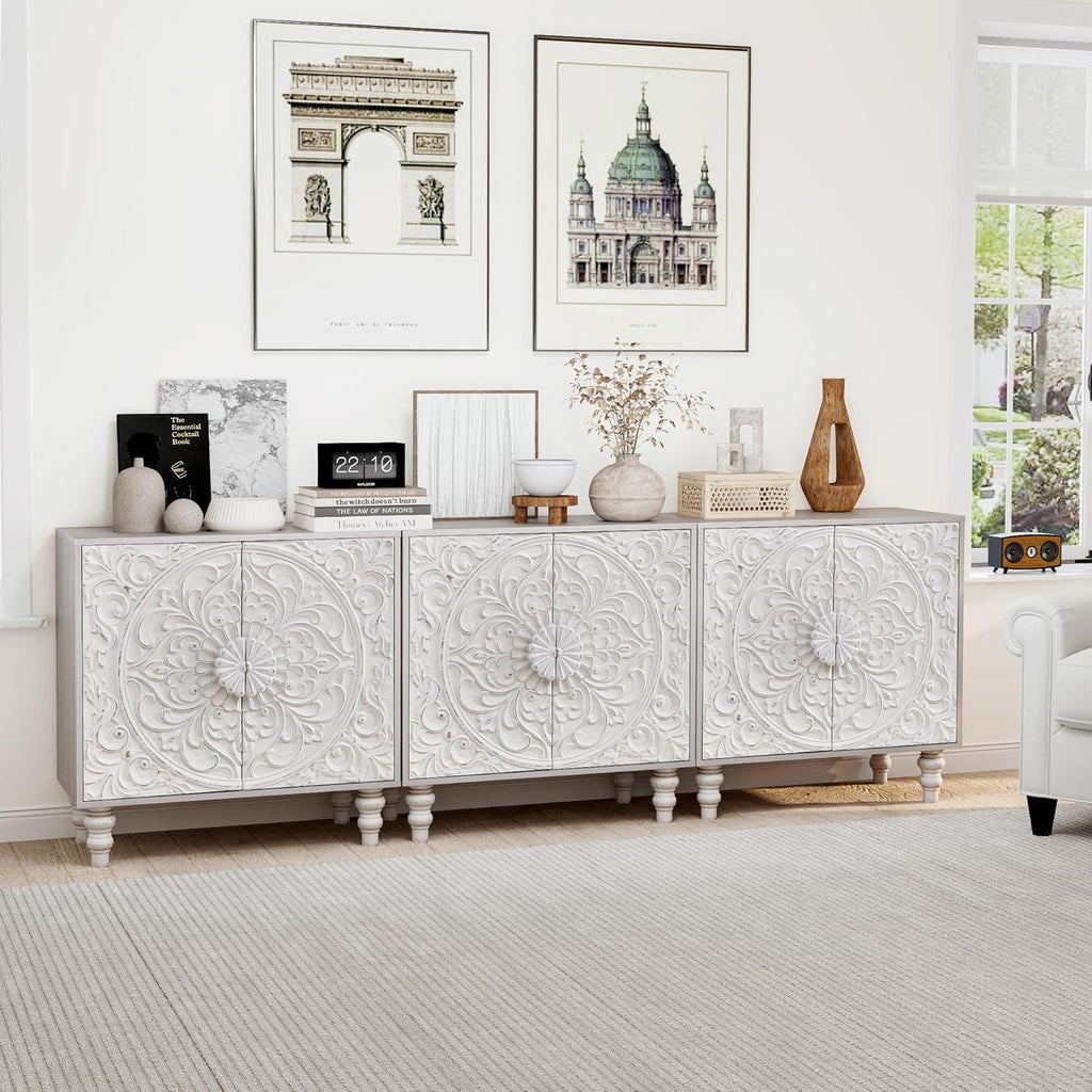 White Distressed Carved Accent Cabinet,2 Door Vintage Storage Sideboard
