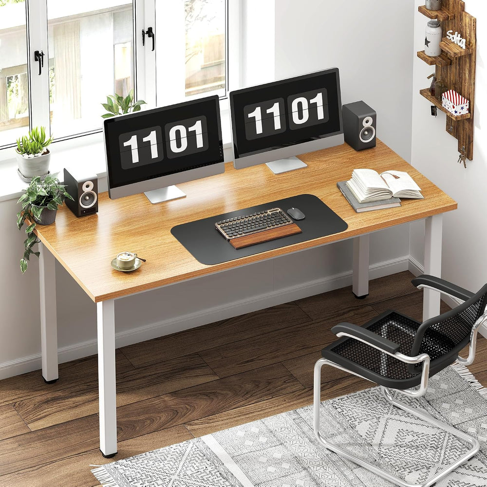 Need 54.3 Inch Large Computer Desk, Teak Wooden Top with White Metal Frame