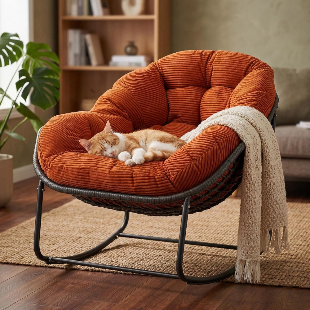 Large Egg Shaped Rocking Chair with Thick Cushion, Indoor Outdoor Papasan Cha...