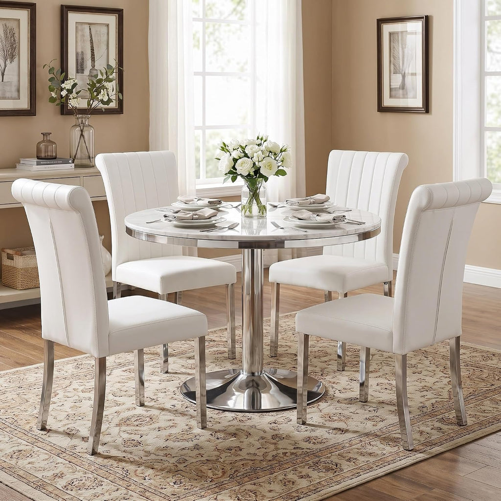 ACEDÉCOR White Faux Leather Dining Chairs Set of 2 with Silver Metal Legs