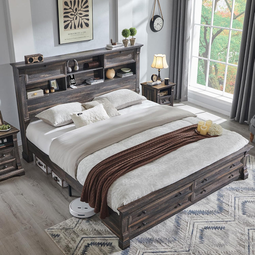Queen Size Bed Frame with 54" Tall Headboard with 4 Storage Rack, 2 Drawers