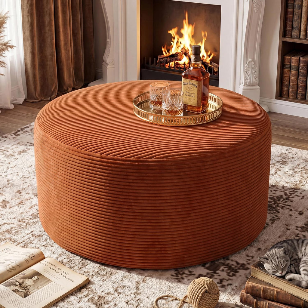 BSHOMGI Round Ottoman,Corduroy Ottomans Foot Stool, 27.5" Pouf Footstool Ottomans Seat, Round Footrest, Modern Side Table for Living Room Bedroom Home Decor No Assembly Require (Orange, 32")