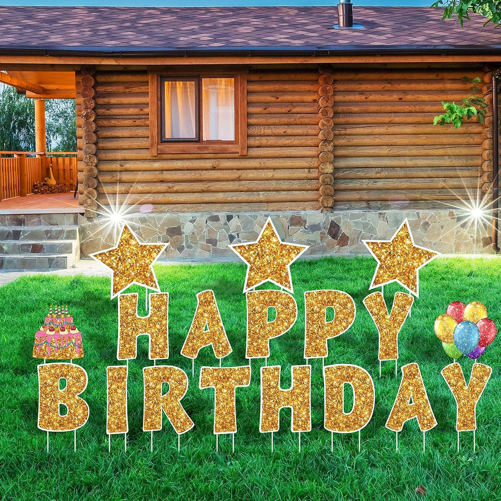 Jetec 18 Pcs Happy Birthday Yard Sign with Stakes and Light, Gold