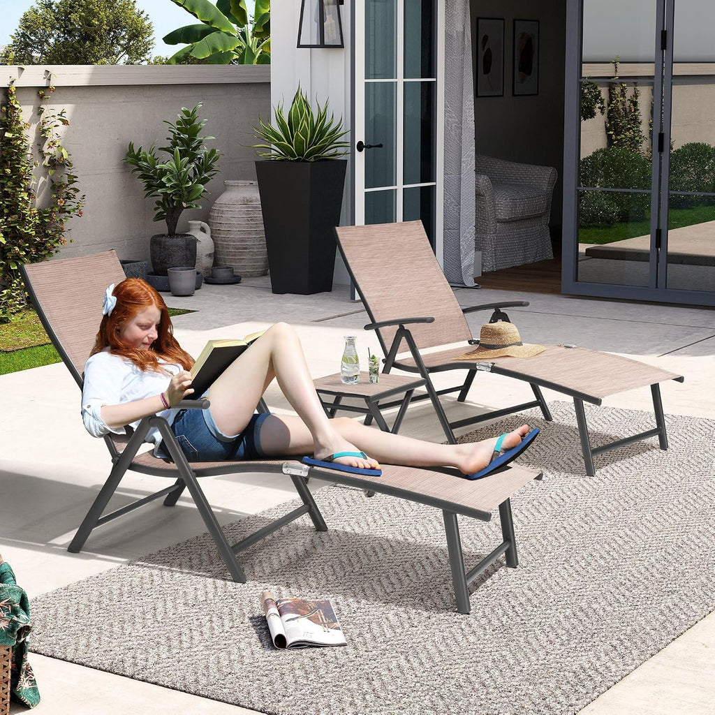 Lounge Chair Outdoor, Folding Pool Chaise Chairs Set of 3 (Espresso)