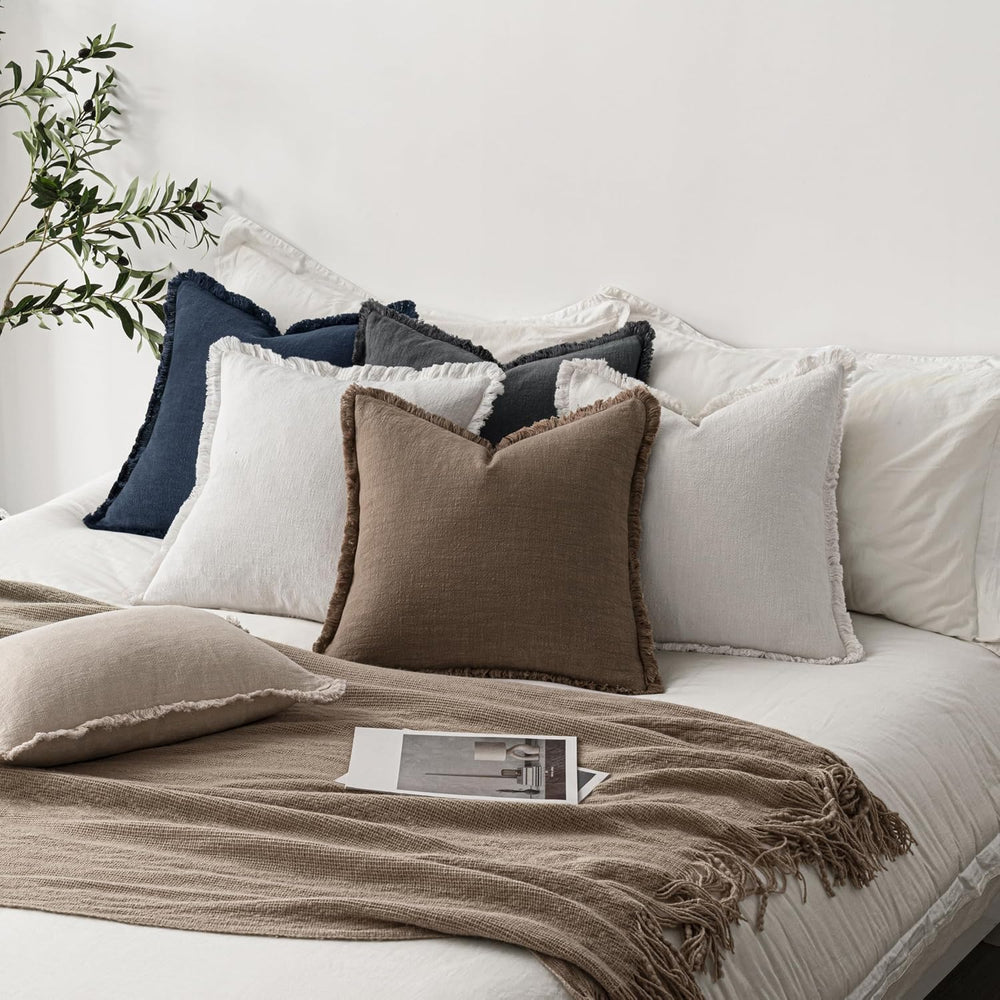 ANRODUO Euro Decorative Linen Fringe Pillow Covers 26×26 Cocoa Brown 2 Pack
