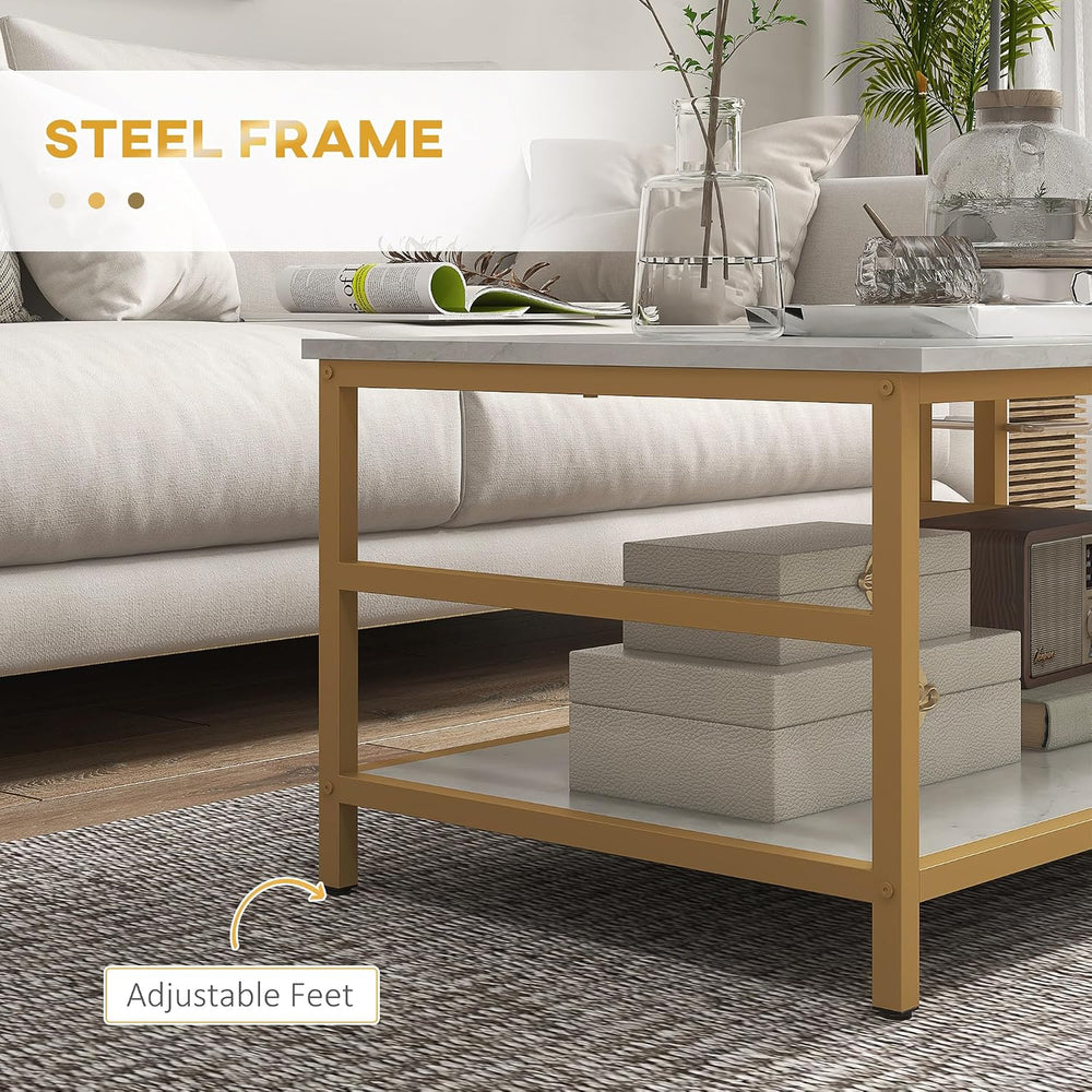 HOMCOM Coffee Tables Set of 2 2-Rier Sofa Side Table Faux Marble Top White