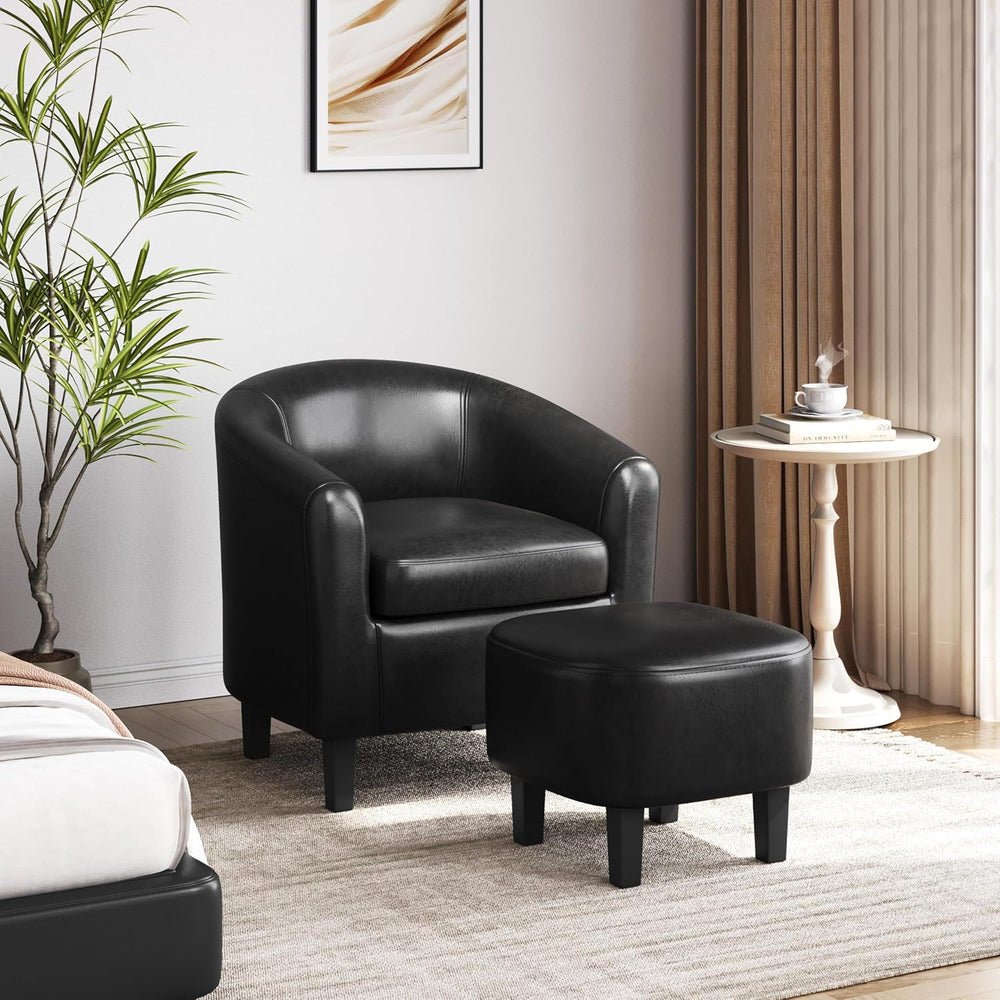 Yaheetech Accent Chairs with Ottoman, Faux Leather Barrel Chairs, Black