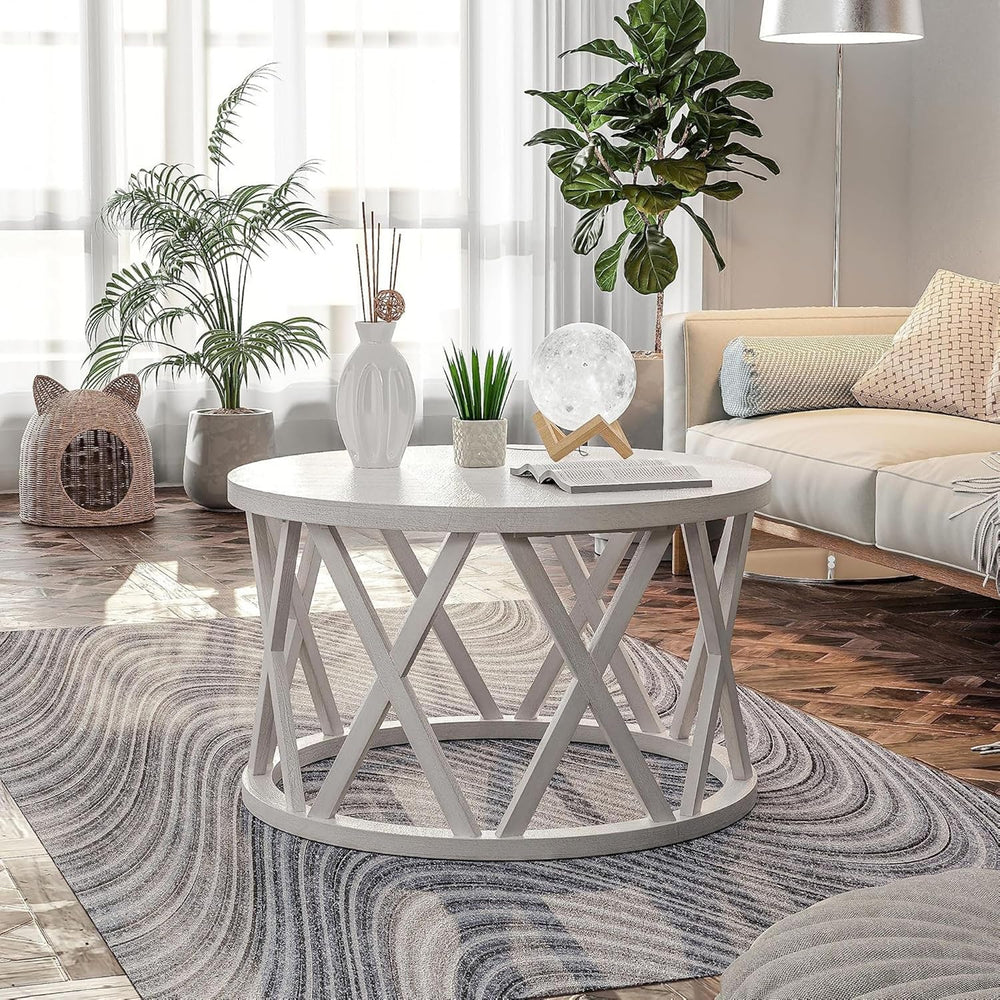 COZAYH Farmhouse Coffee Table, Rustic Round Coffee Table with X-Motifs Legs, ...