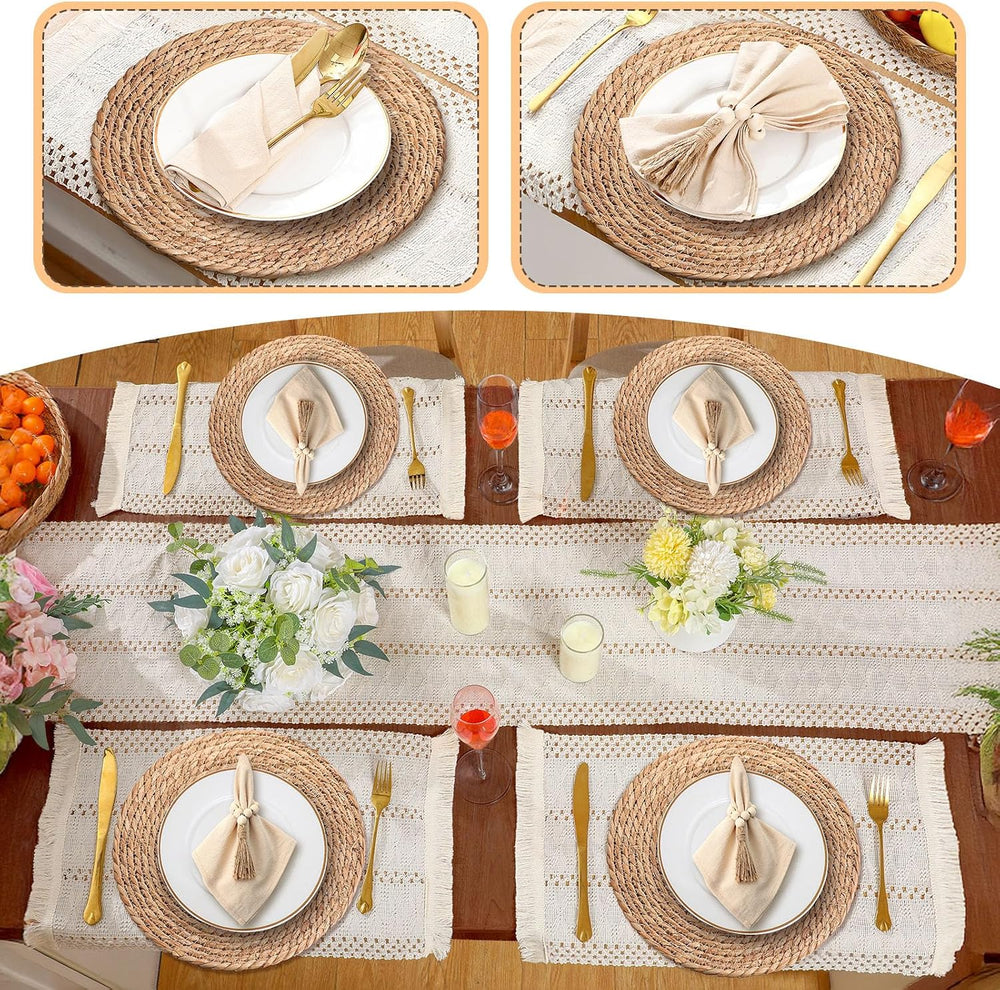 12 Sets Boho Table Runner and Woven Round Placemats Set, White, 12x72