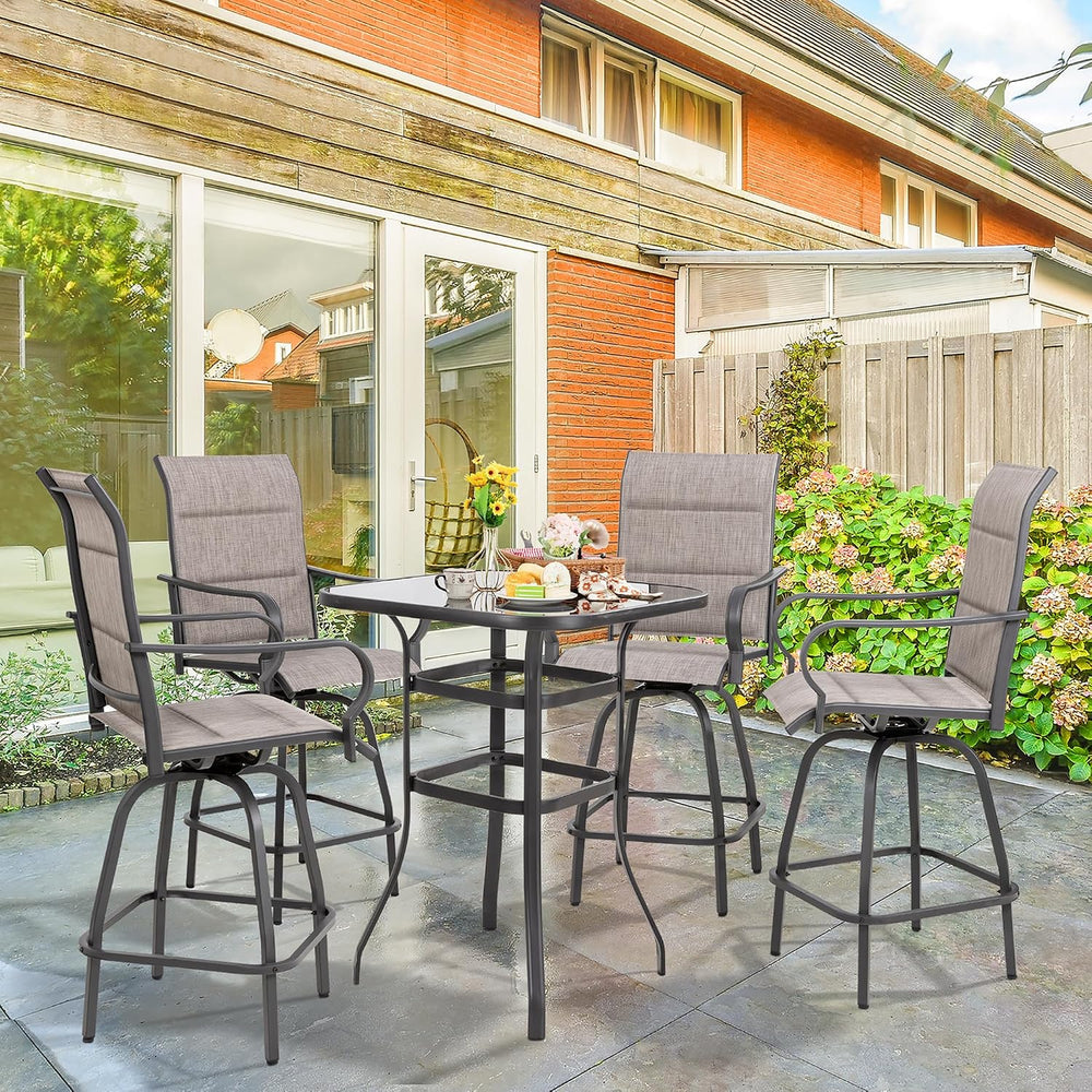 Vongrasig 5 Piece Patio Swivel Bar Set, All Weather Metal Textilene High Stoo...