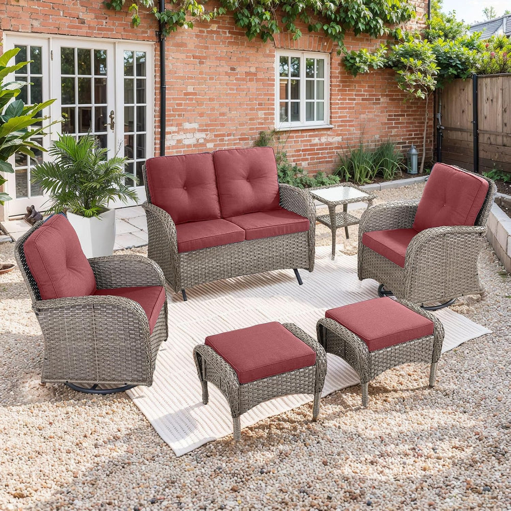HUMMUH 6 Piece Wicker Patio Set, Swivel Rockers & Glider, Grey/Red