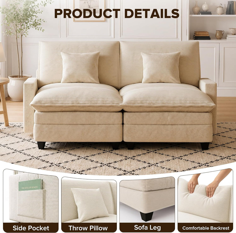 74" Cloud Loveseat with 2 Movable Ottoman, Deep Seat Modular Sectional Sofa