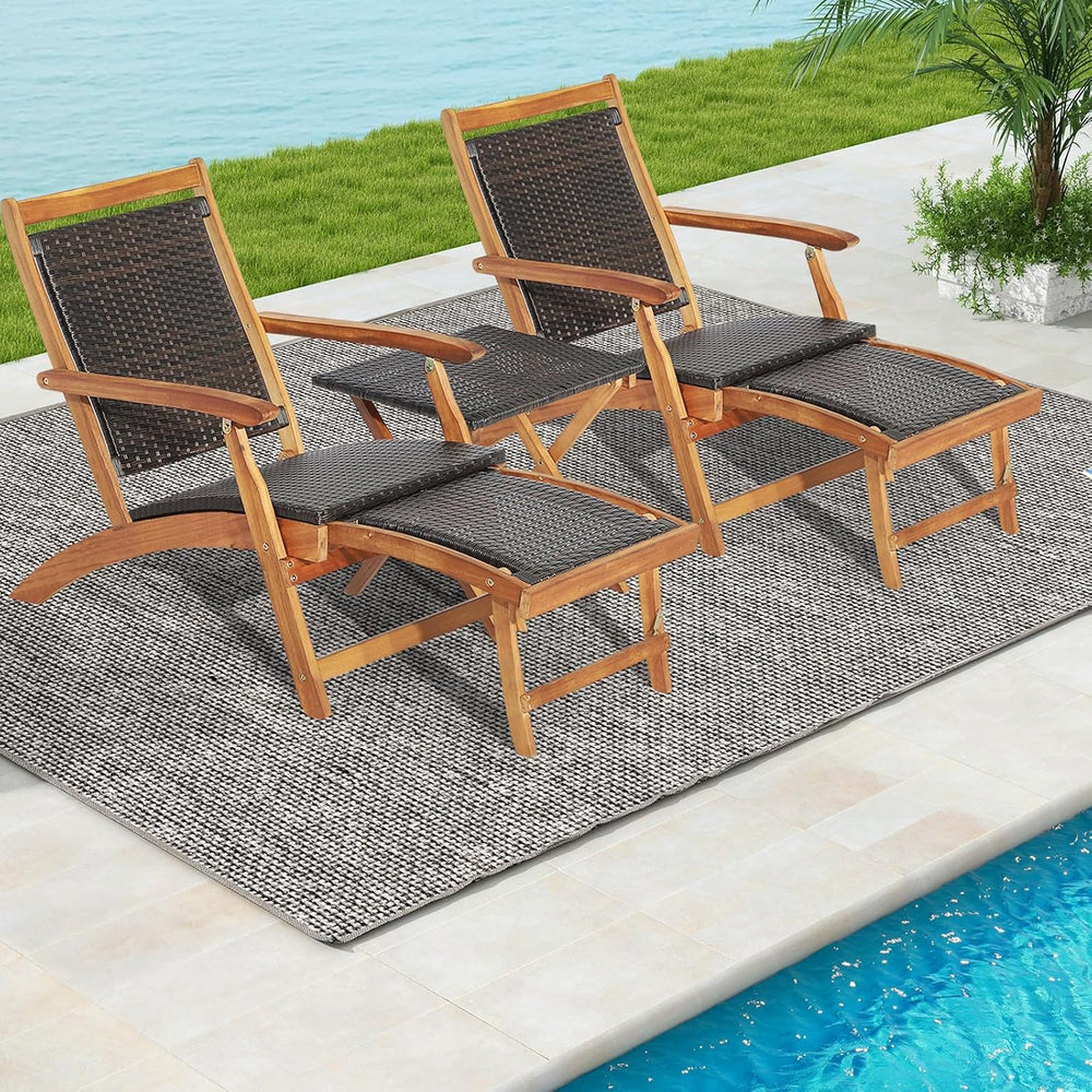 RELAX4LIFE Patio Chaise Lounge Chair Set of 3, Acacia Wood Folding Rattan Wic...