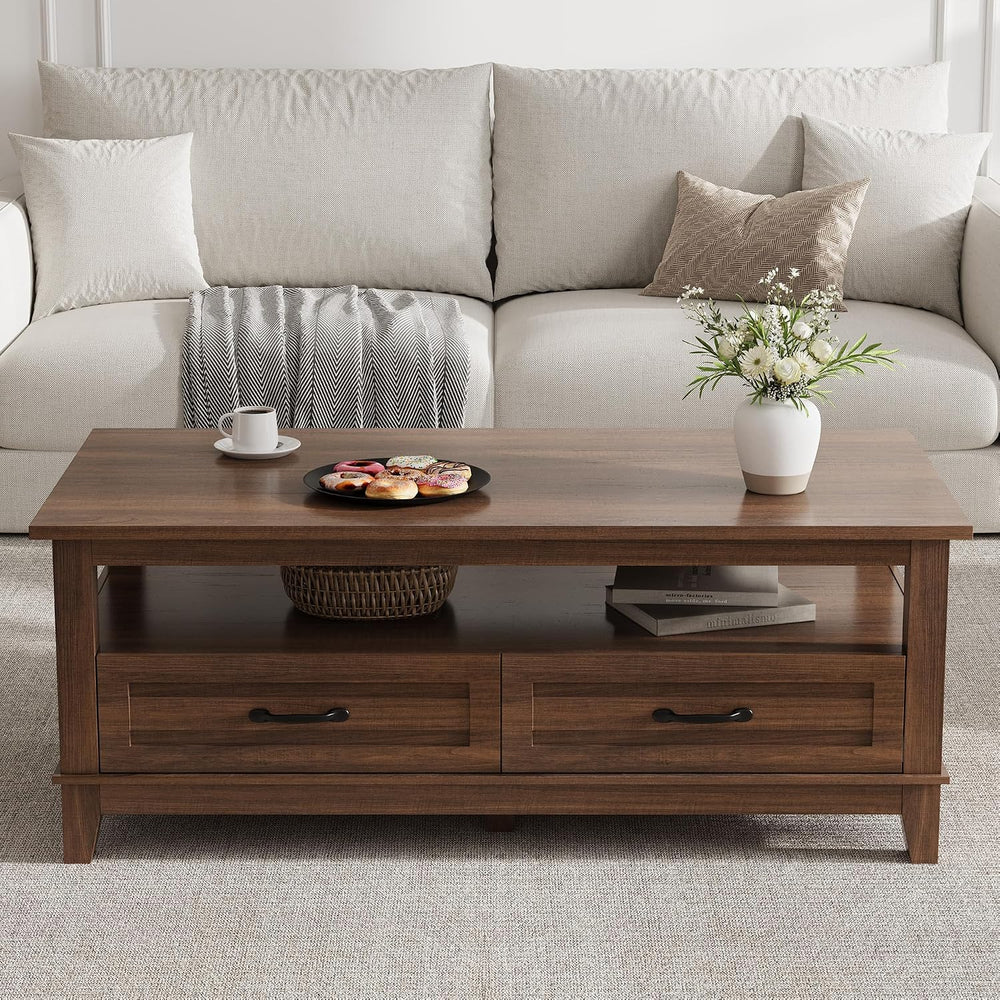 47 Inch Farmhouse Coffee Table, Rustic Wood Center Table with 2 Storage Drawe...
