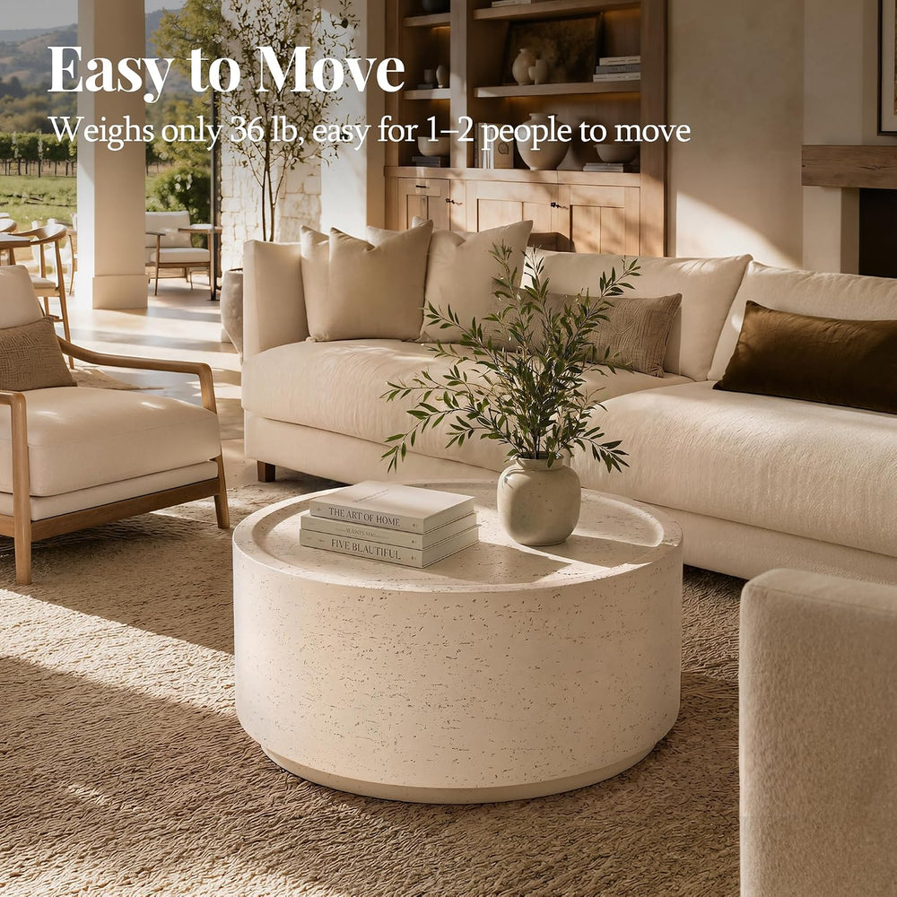 Patio Watcher 28" Round Coffee Table, Travertine Look, Off-White